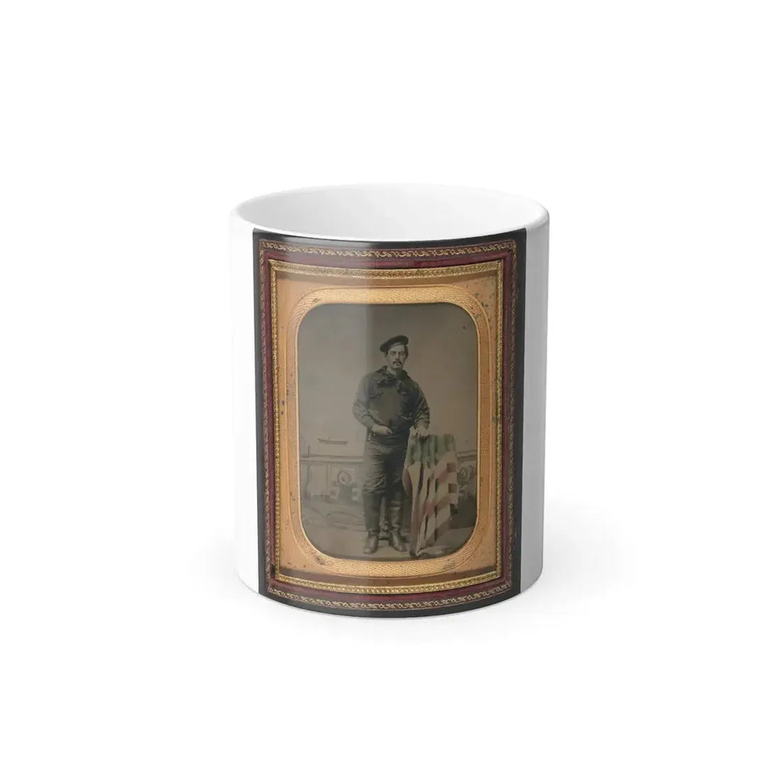 Unidentified Sailor in Union Uniform Resting Hand on American Flag-Draped Table in Front of Painted Backdrop Showing Naval Scene (U.S. Civil War) Color Changing Coffee Mug 11oz Default Title 11oz - Go Mug Yourself
