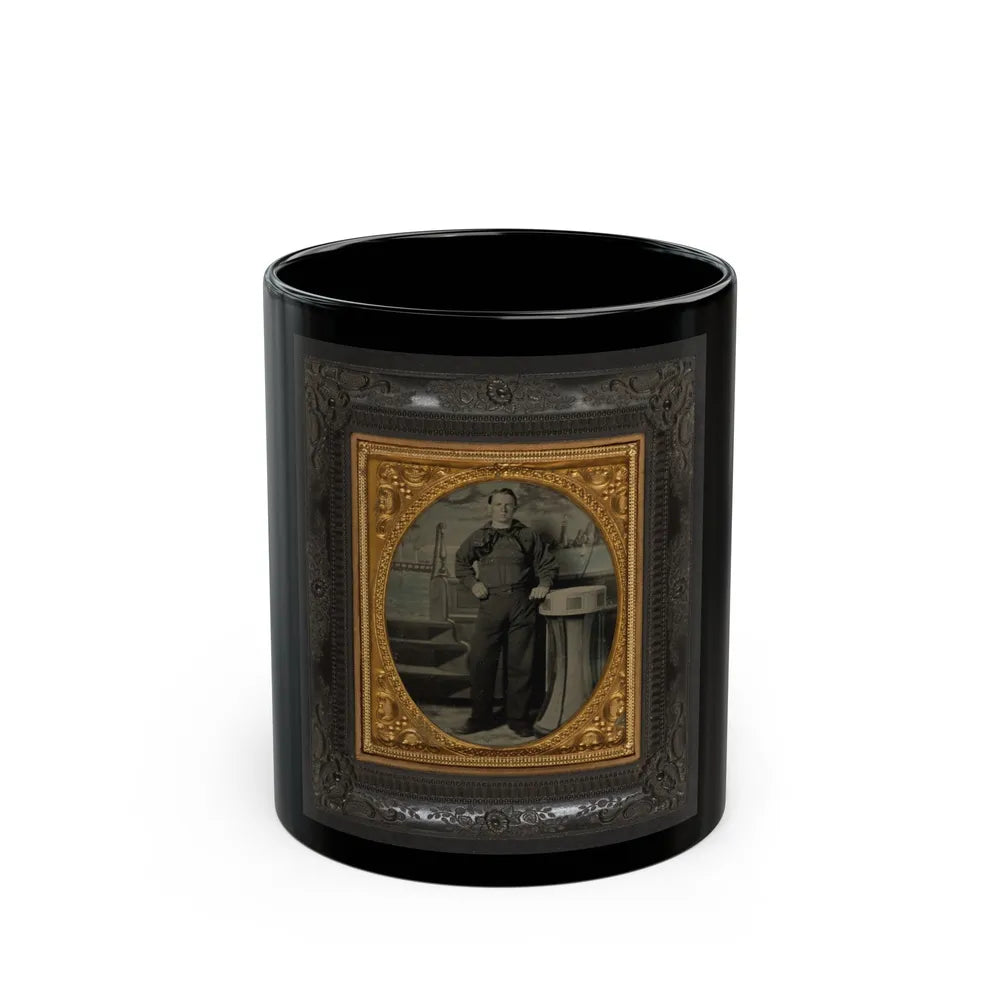 Unidentified Sailor In Union Uniform Standing In Front Of Painted Backdrop Showing Naval Scene (U.S. Civil War) Black Coffee Mug-11oz-Go Mug Yourself