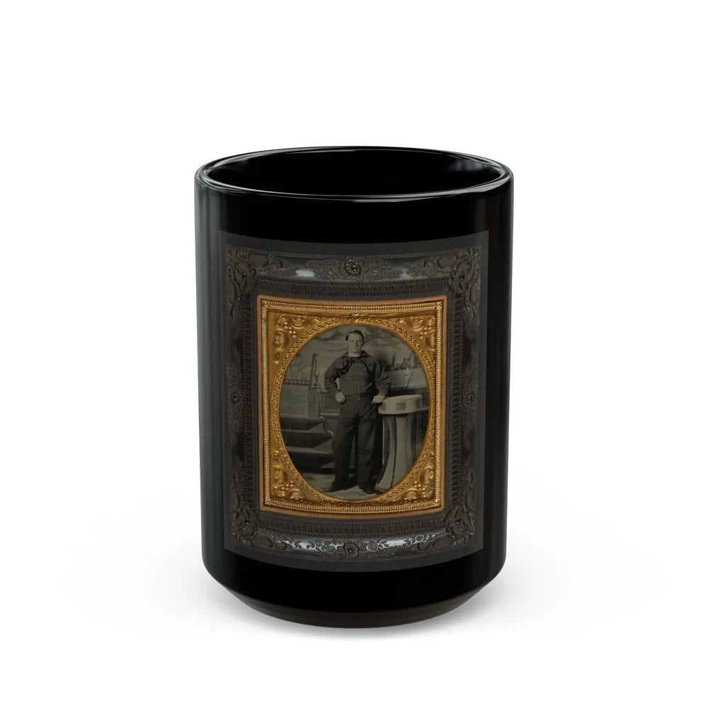 Unidentified Sailor In Union Uniform Standing In Front Of Painted Backdrop Showing Naval Scene (U.S. Civil War) Black Coffee Mug-15oz-Go Mug Yourself