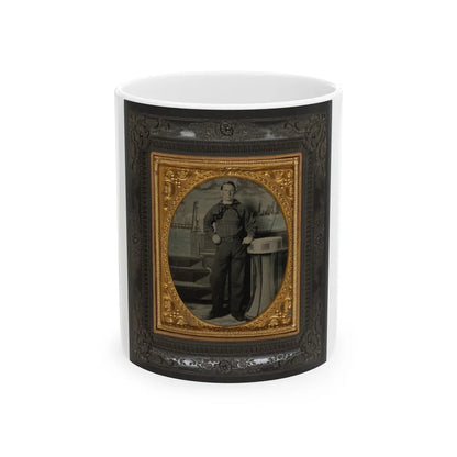 Unidentified Sailor In Union Uniform Standing In Front Of Painted Backdrop Showing Naval Scene (U.S. Civil War) White Coffee Mug-11oz-Go Mug Yourself