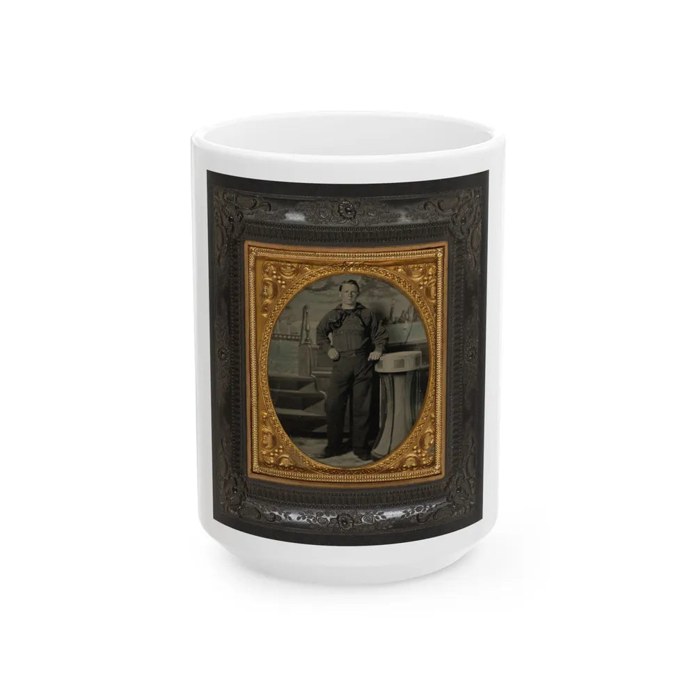 Unidentified Sailor In Union Uniform Standing In Front Of Painted Backdrop Showing Naval Scene (U.S. Civil War) White Coffee Mug-15oz-Go Mug Yourself