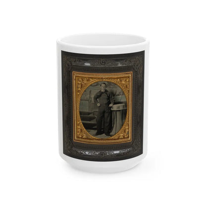 Unidentified Sailor In Union Uniform Standing In Front Of Painted Backdrop Showing Naval Scene (U.S. Civil War) White Coffee Mug-15oz-Go Mug Yourself