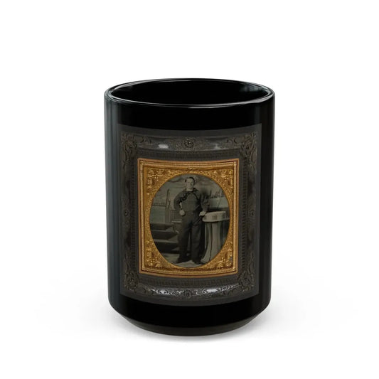Unidentified Sailor In Union Uniform Standing In Front Of Painted Backdrop Showing Naval Scene (U.S. Civil War) Black Coffee Mug 15oz - Go Mug Yourself