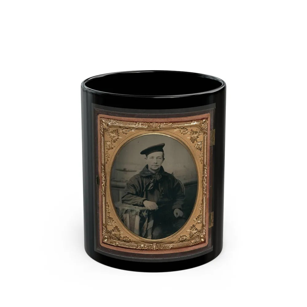 Unidentified Sailor In Union Uniform With An American Flag-Draped Table In Front Of Painted Backdrop Showing A Water Scene (U.S. Civil War) Black Coffee Mug-11oz-Go Mug Yourself