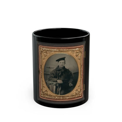 Unidentified Sailor In Union Uniform With An American Flag-Draped Table In Front Of Painted Backdrop Showing A Water Scene (U.S. Civil War) Black Coffee Mug-11oz-Go Mug Yourself