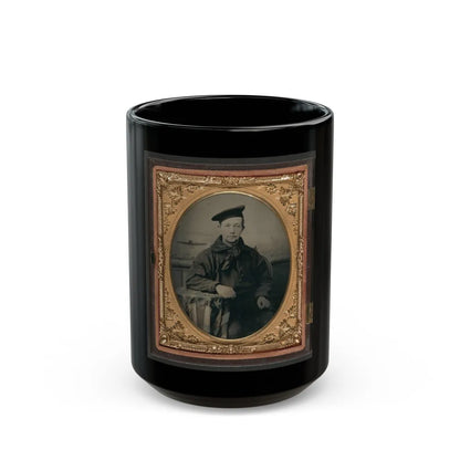 Unidentified Sailor In Union Uniform With An American Flag-Draped Table In Front Of Painted Backdrop Showing A Water Scene (U.S. Civil War) Black Coffee Mug-15oz-Go Mug Yourself