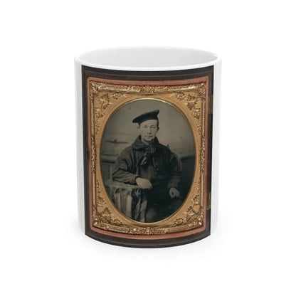 Unidentified Sailor In Union Uniform With An American Flag-Draped Table In Front Of Painted Backdrop Showing A Water Scene (U.S. Civil War) White Coffee Mug-11oz-Go Mug Yourself