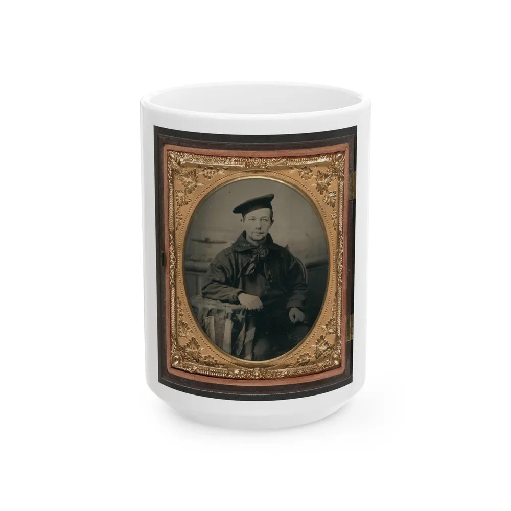 Unidentified Sailor In Union Uniform With An American Flag-Draped Table In Front Of Painted Backdrop Showing A Water Scene (U.S. Civil War) White Coffee Mug-15oz-Go Mug Yourself