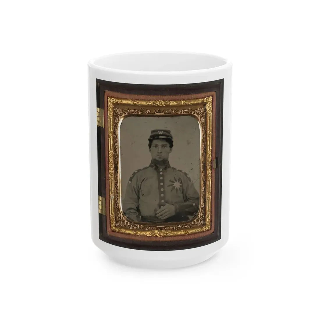 Unidentified Soldier From Co. B (Sunflower Dispersers), 3rd Mississippi Infantry Regiment In Uniform And Kepi With Letter  W (U.S. Civil War) White Coffee Mug 15oz - Go Mug Yourself