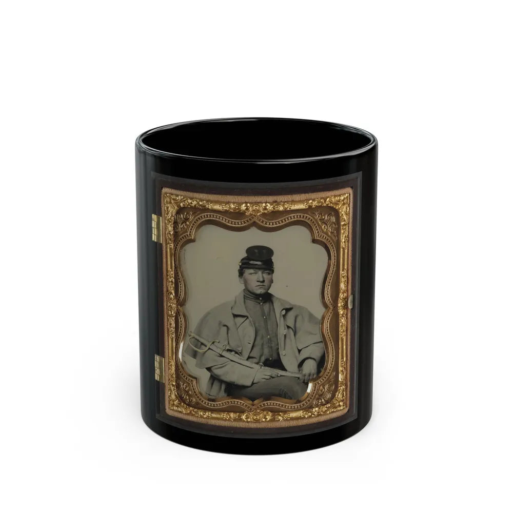 Unidentified Soldier In Confederate Artilleryman Uniform And Greatcoat With Sword (U.S. Civil War) Black Coffee Mug-11oz-Go Mug Yourself