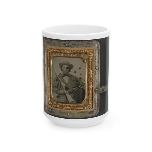 Unidentified Soldier In Confederate Cavalry Uniform With Sharps Carbine, Pistol, And Knife (1) (U.S. Civil War) White Coffee Mug-15oz-Go Mug Yourself