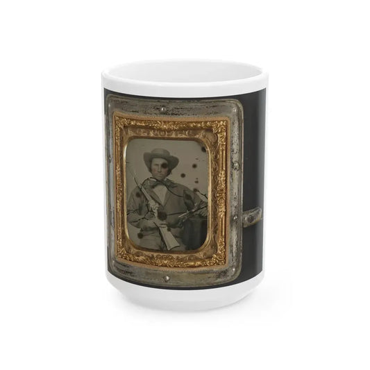 Unidentified Soldier In Confederate Cavalry Uniform With Sharps Carbine, Pistol, And Knife (1) (U.S. Civil War) White Coffee Mug 15oz - Go Mug Yourself