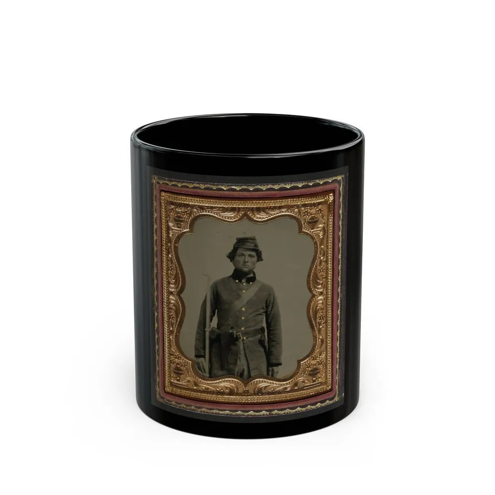 Unidentified Soldier In Confederate Frock Coat And Forage Cap With Cap Box, Bayoneted Musket, And Holstered Revolver (U.S. Civil War) Black Coffee Mug-11oz-Go Mug Yourself