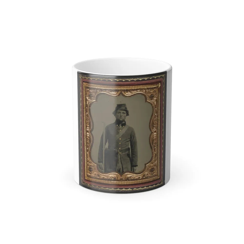 Unidentified Soldier in Confederate Frock Coat and Forage Cap With Cap Box, Bayoneted Musket, and Holstered Revolver (U.S. Civil War) Color Changing Coffee Mug 11oz-11oz-Go Mug Yourself