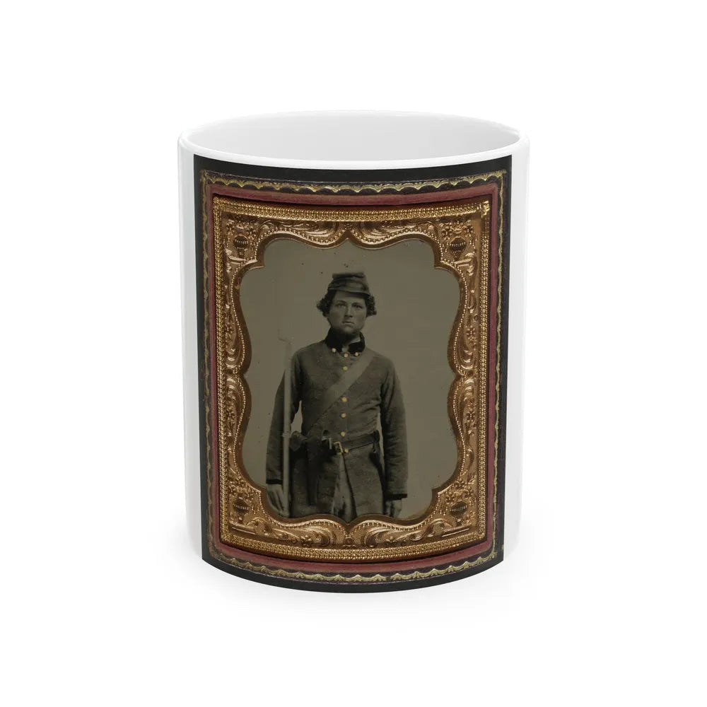 Unidentified Soldier In Confederate Frock Coat And Forage Cap With Cap Box, Bayoneted Musket, And Holstered Revolver (U.S. Civil War) White Coffee Mug-11oz-Go Mug Yourself