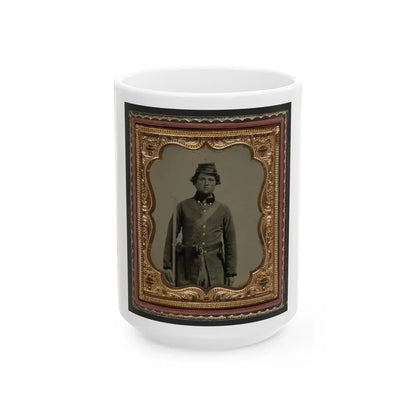 Unidentified Soldier In Confederate Frock Coat And Forage Cap With Cap Box, Bayoneted Musket, And Holstered Revolver (U.S. Civil War) White Coffee Mug-15oz-Go Mug Yourself