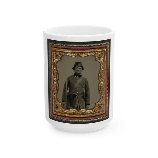 Unidentified Soldier In Confederate Frock Coat And Forage Cap With Cap Box, Bayoneted Musket, And Holstered Revolver (U.S. Civil War) White Coffee Mug-15oz-Go Mug Yourself