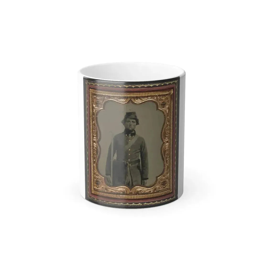 Unidentified Soldier in Confederate Frock Coat and Forage Cap With Cap Box, Bayoneted Musket, and Holstered Revolver (U.S. Civil War) Color Changing Coffee Mug 11oz Default Title 11oz - Go Mug Yourself