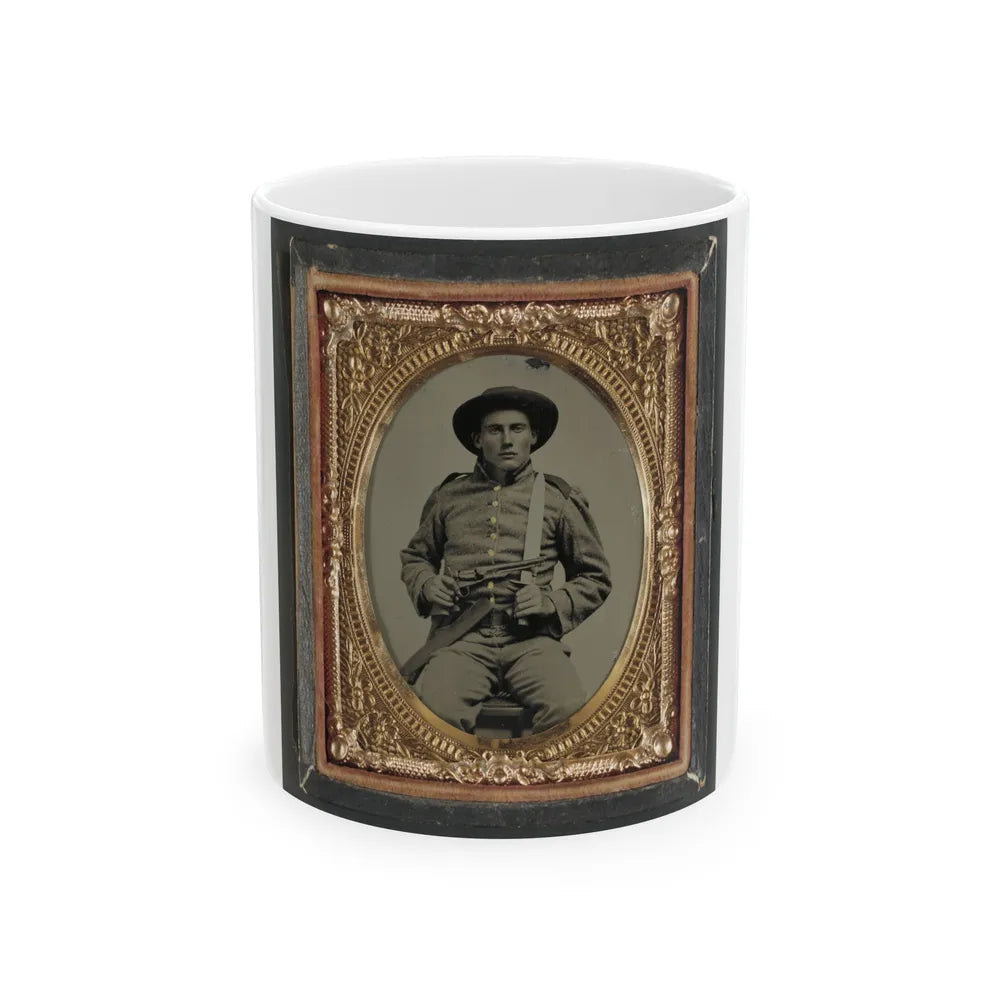 Unidentified Soldier In Confederate Frock Coat And Slouch Hat With Bowie Knife And Colt Army Model 1860 Revolver (U.S. Civil War) White Coffee Mug-11oz-Go Mug Yourself