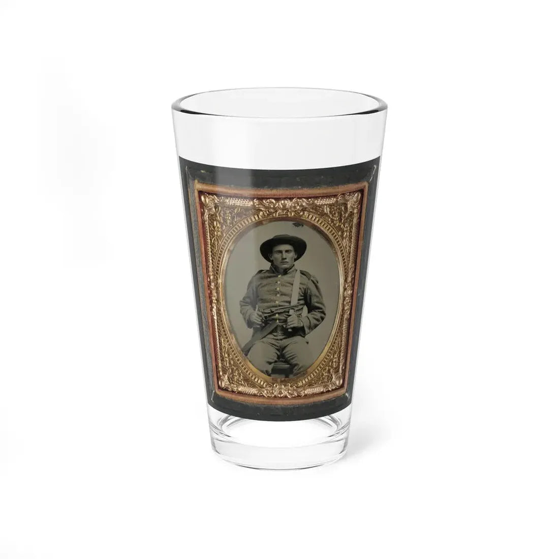 Unidentified Soldier In Confederate Frock Coat And Slouch Hat With Bowie Knife And Colt Army Model 1860 Revolver (U.S. Civil War) Pint Glass 16oz 16oz - Go Mug Yourself