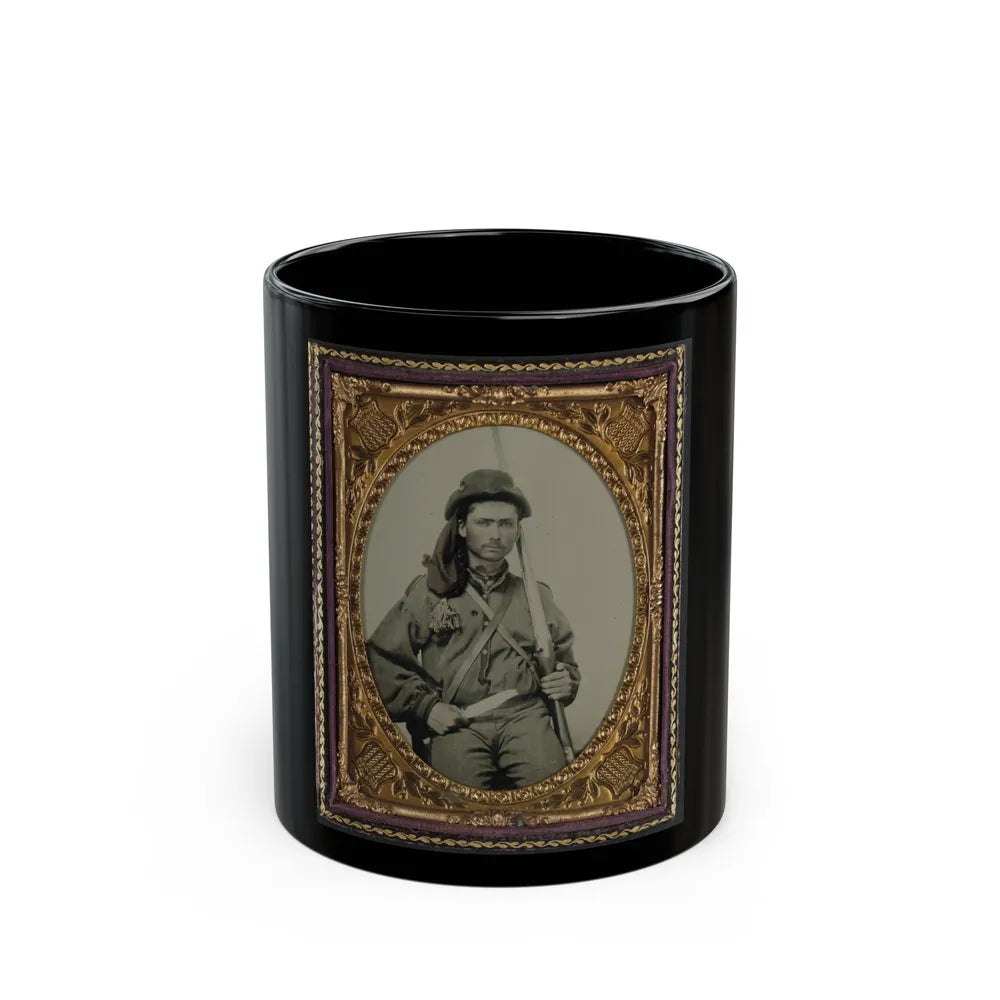 Unidentified Soldier In Confederate Infantry Uniform With Musket And Bowie Knife (U.S. Civil War) Black Coffee Mug-11oz-Go Mug Yourself