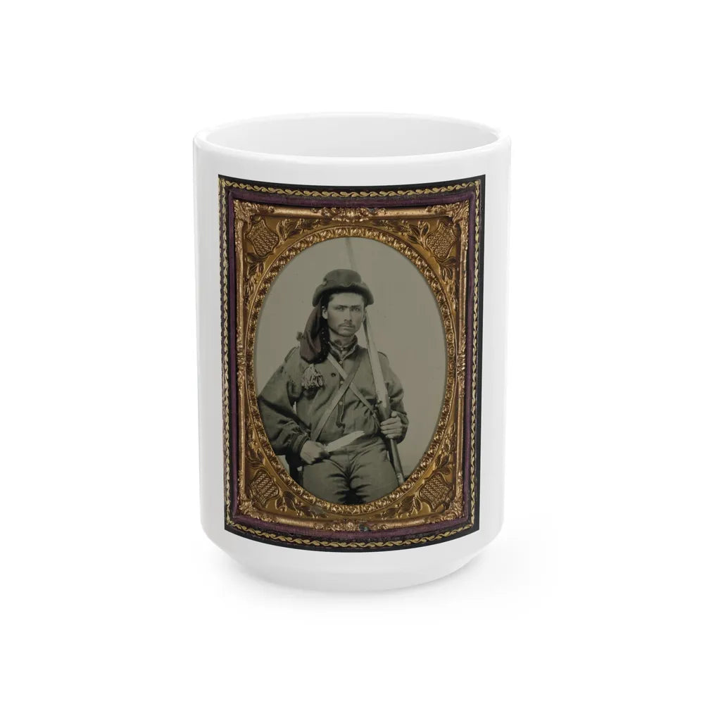 Unidentified Soldier In Confederate Infantry Uniform With Musket And Bowie Knife (U.S. Civil War) White Coffee Mug-15oz-Go Mug Yourself