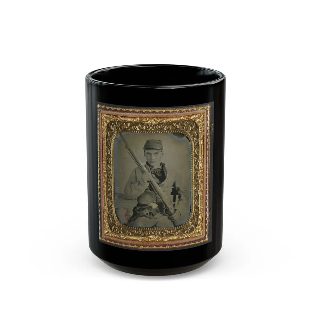 Unidentified Soldier In Confederate Infantry Uniform With Musket And Brass Framed Revolver (U.S. Civil War) Black Coffee Mug-15oz-Go Mug Yourself