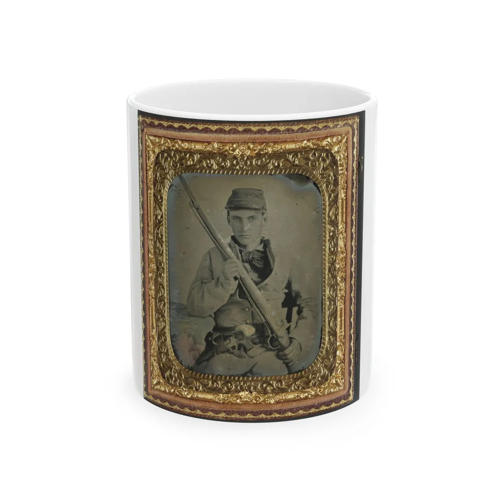 Unidentified Soldier In Confederate Infantry Uniform With Musket And Brass Framed Revolver (U.S. Civil War) White Coffee Mug-11oz-Go Mug Yourself