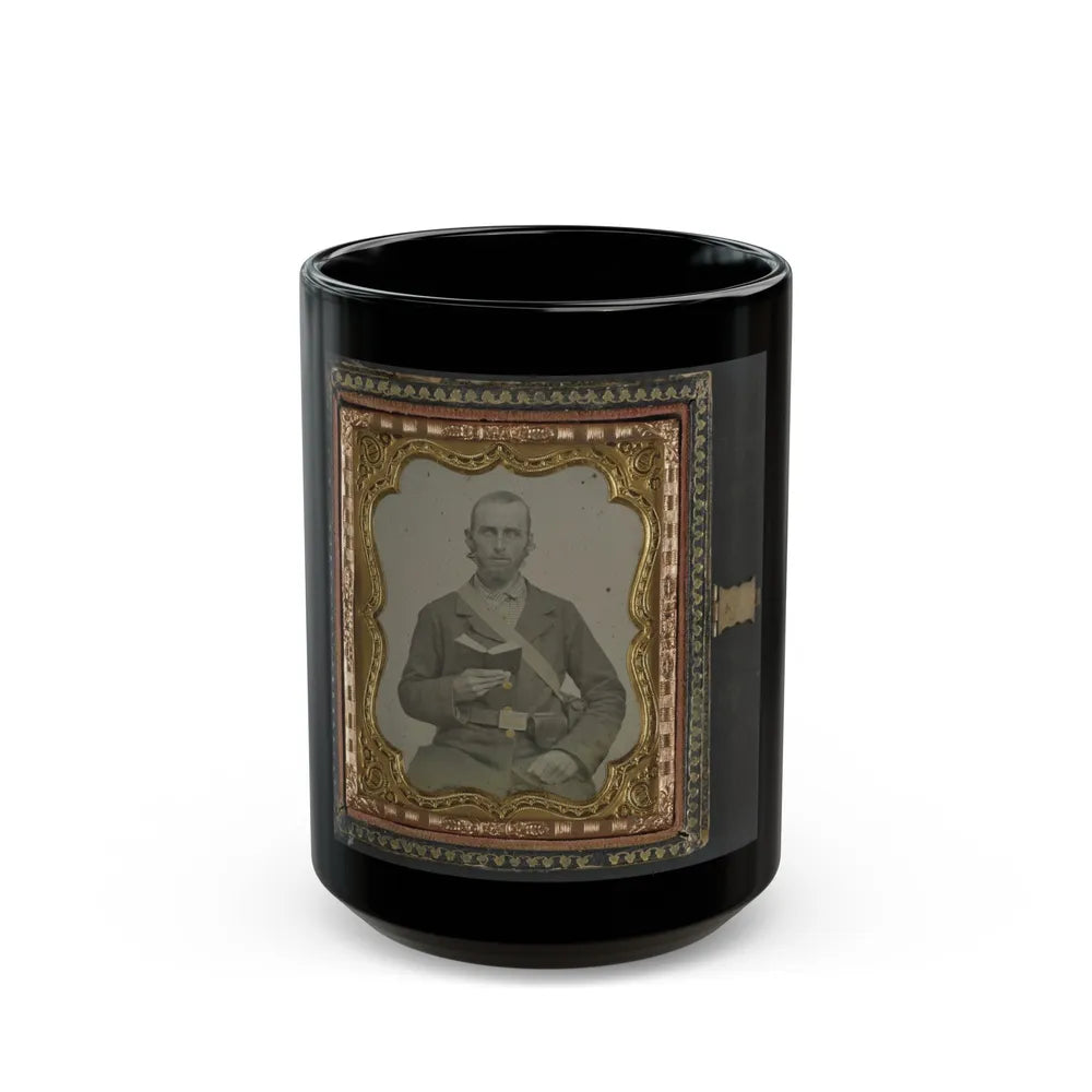 Unidentified Soldier In Confederate Uniform And C.S.A. Belt Buckle With Cartridge Box And Percussion Cap Box, Holding A Book (U.S. Civil War) Black Coffee Mug-15oz-Go Mug Yourself