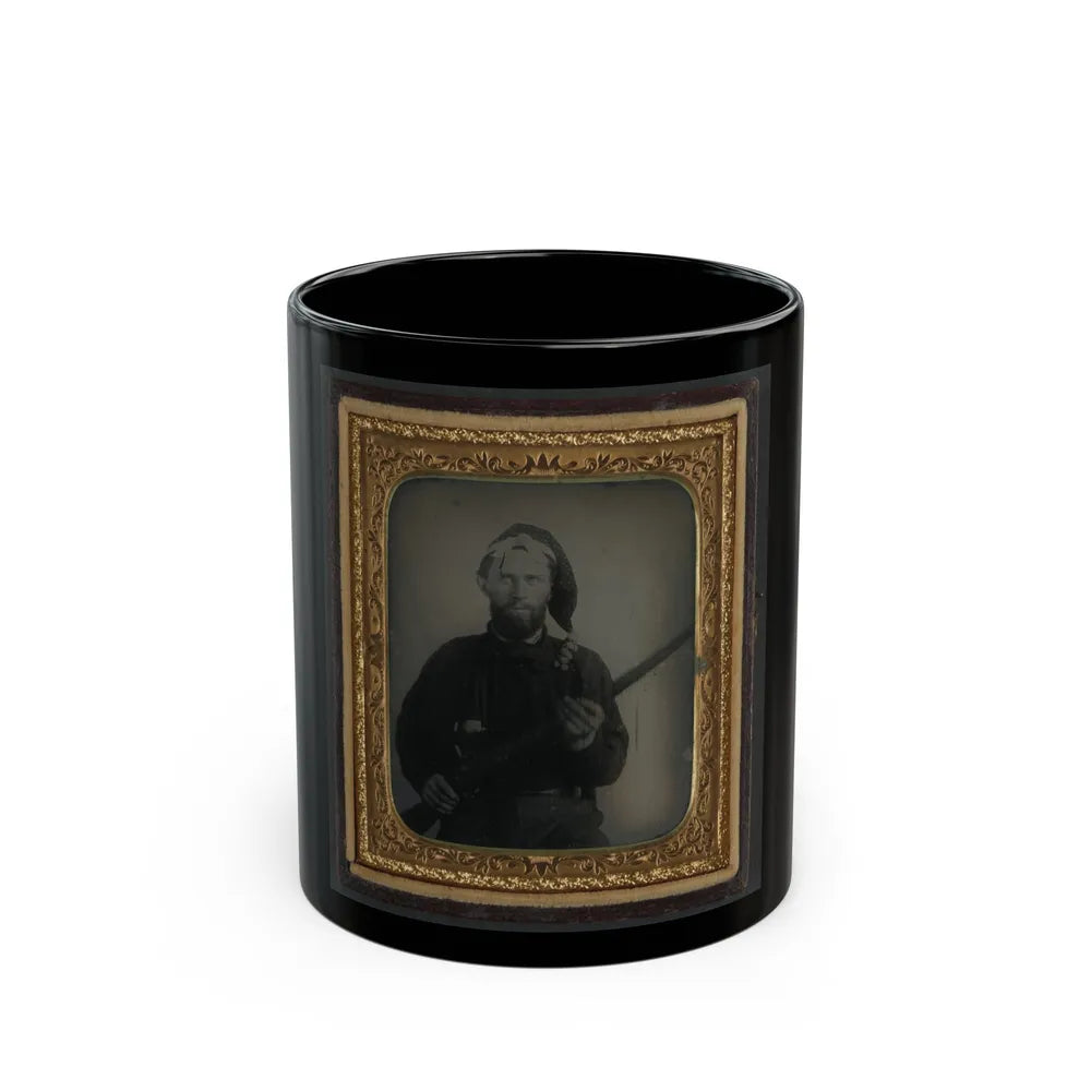 Unidentified Soldier In Confederate Uniform And Corsican Cap With Flintlock Conversion Musket (U.S. Civil War) Black Coffee Mug-11oz-Go Mug Yourself