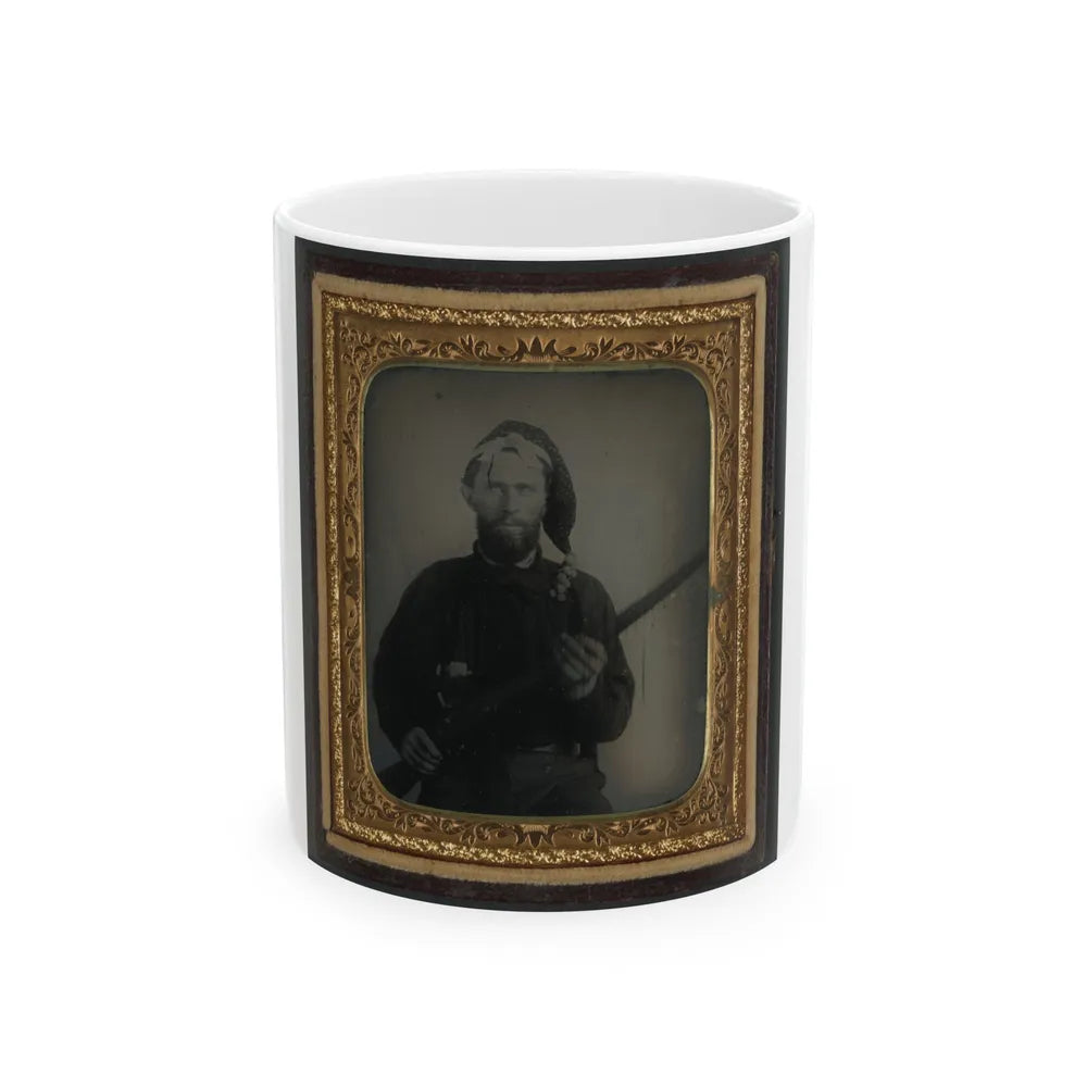 Unidentified Soldier In Confederate Uniform And Corsican Cap With Flintlock Conversion Musket (U.S. Civil War) White Coffee Mug-11oz-Go Mug Yourself