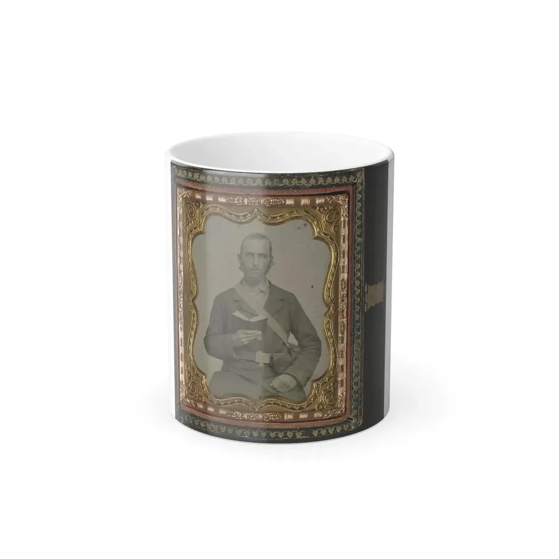 Unidentified Soldier in Confederate Uniform and C.S.A. Belt Buckle With Cartridge Box and Percussion Cap Box, Holding a Book (U.S. Civil War) Color Changing Coffee Mug 11oz - Go Mug Yourself