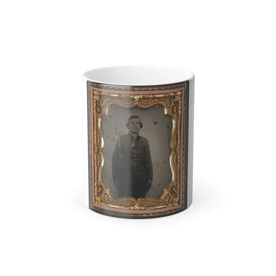 Unidentified Soldier in Confederate Uniform and Georgia Frame Belt Buckle With Bayoneted Musket (U.S. Civil War) Color Changing Coffee Mug 11oz - Go Mug Yourself