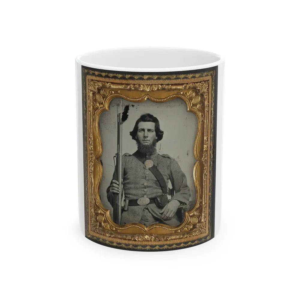 Unidentified Soldier In Confederate Uniform And Georgia State Seal Belt Buckle With Musket (U.S. Civil War) White Coffee Mug-11oz-Go Mug Yourself