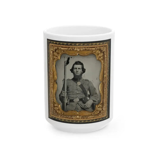 Unidentified Soldier In Confederate Uniform And Georgia State Seal Belt Buckle With Musket (U.S. Civil War) White Coffee Mug 15oz - Go Mug Yourself