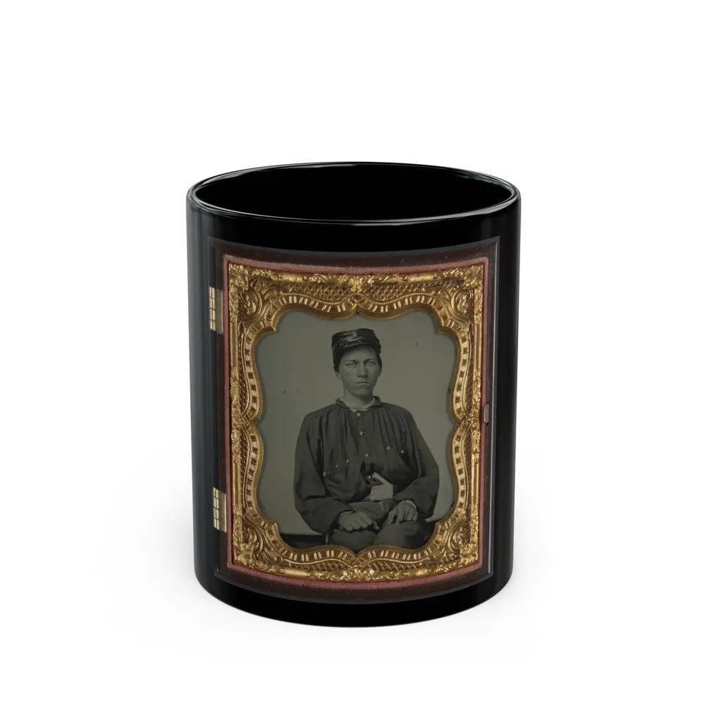 Unidentified Soldier In Confederate Uniform And Louisiana State Seal Belt Buckle And Oilcloth Cover On Kepi (U.S. Civil War) Black Coffee Mug-11oz-Go Mug Yourself