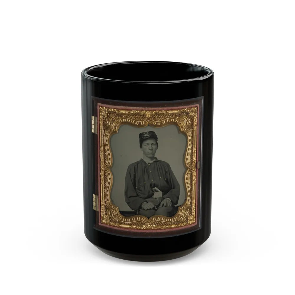 Unidentified Soldier In Confederate Uniform And Louisiana State Seal Belt Buckle And Oilcloth Cover On Kepi (U.S. Civil War) Black Coffee Mug-15oz-Go Mug Yourself