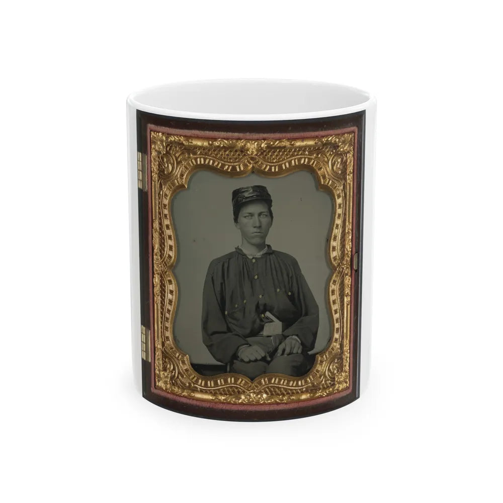 Unidentified Soldier In Confederate Uniform And Louisiana State Seal Belt Buckle And Oilcloth Cover On Kepi (U.S. Civil War) White Coffee Mug-11oz-Go Mug Yourself