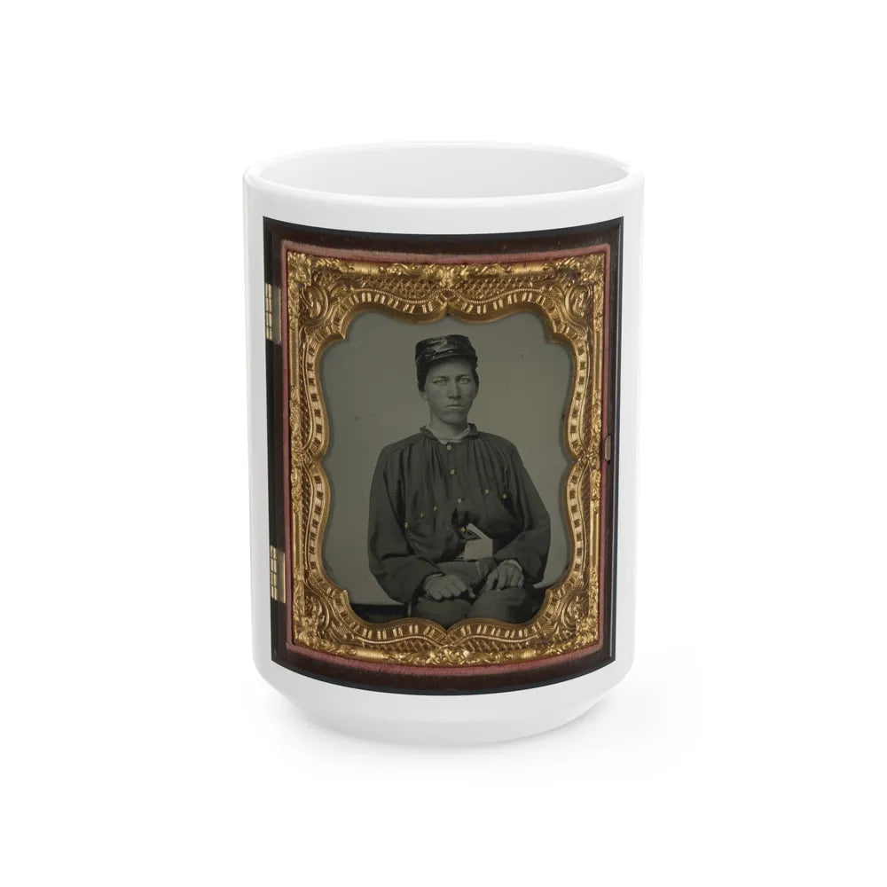 Unidentified Soldier In Confederate Uniform And Louisiana State Seal Belt Buckle And Oilcloth Cover On Kepi (U.S. Civil War) White Coffee Mug-15oz-Go Mug Yourself