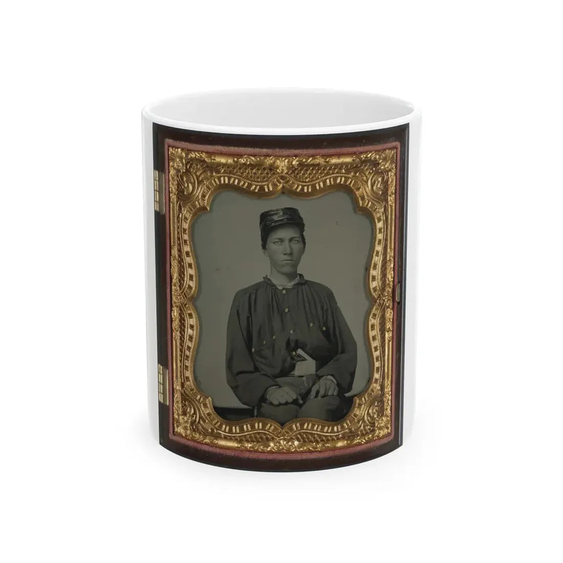 Unidentified Soldier In Confederate Uniform And Louisiana State Seal Belt Buckle And Oilcloth Cover On Kepi (U.S. Civil War) White Coffee Mug 11oz - Go Mug Yourself