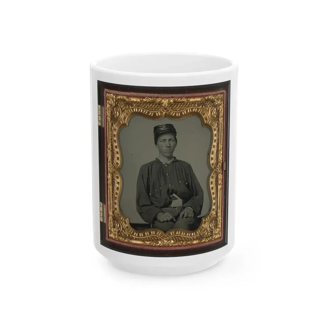 Unidentified Soldier In Confederate Uniform And Louisiana State Seal Belt Buckle And Oilcloth Cover On Kepi (U.S. Civil War) White Coffee Mug 15oz - Go Mug Yourself