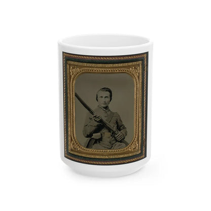 Unidentified Soldier In Confederate Uniform And Louisiana State Seal Belt Buckle With Musket (U.S. Civil War) White Coffee Mug-15oz-Go Mug Yourself