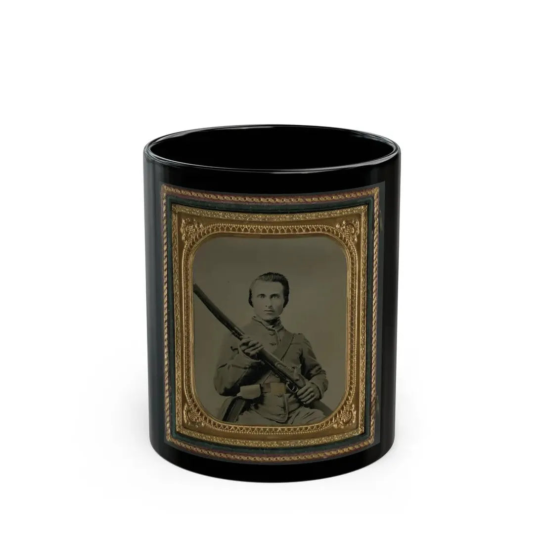 Unidentified Soldier In Confederate Uniform And Louisiana State Seal Belt Buckle With Musket (U.S. Civil War) Black Coffee Mug 11oz - Go Mug Yourself