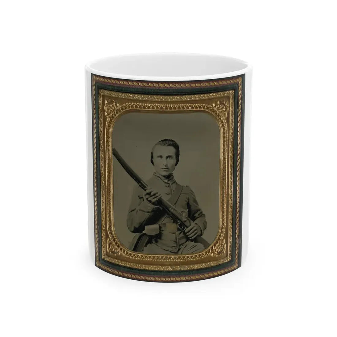 Unidentified Soldier In Confederate Uniform And Louisiana State Seal Belt Buckle With Musket (U.S. Civil War) White Coffee Mug 11oz - Go Mug Yourself