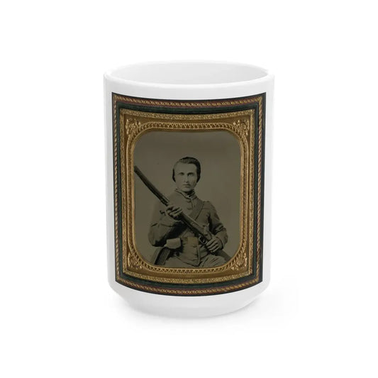 Unidentified Soldier In Confederate Uniform And Louisiana State Seal Belt Buckle With Musket (U.S. Civil War) White Coffee Mug 15oz - Go Mug Yourself
