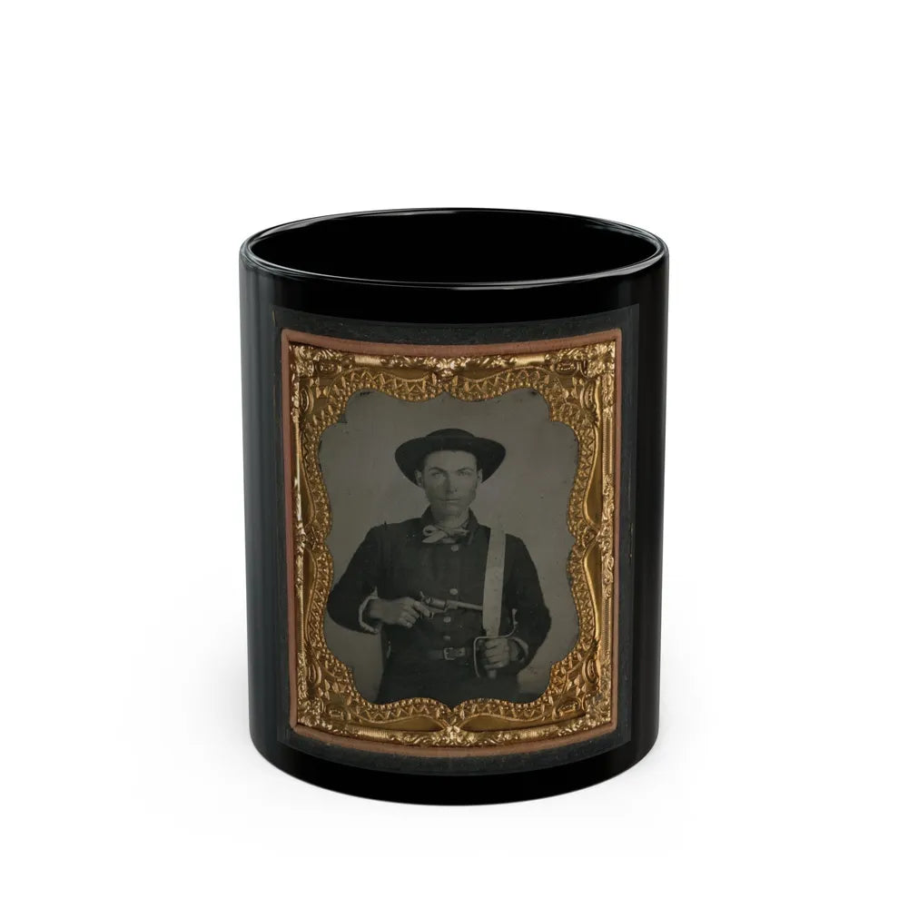 Unidentified Soldier In Confederate Uniform And Round Hat With Baby Colt Dragoon Revolver And D-Guard Bowie Knife (U.S. Civil War) Black Coffee Mug-11oz-Go Mug Yourself