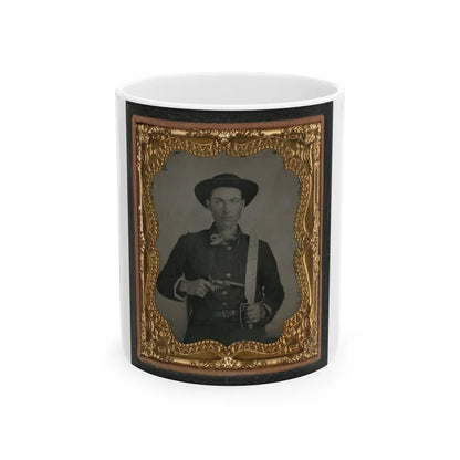 Unidentified Soldier In Confederate Uniform And Round Hat With Baby Colt Dragoon Revolver And D-Guard Bowie Knife (U.S. Civil War) White Coffee Mug-11oz-Go Mug Yourself