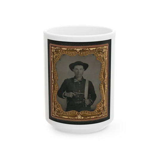 Unidentified Soldier In Confederate Uniform And Round Hat With Baby Colt Dragoon Revolver And D-Guard Bowie Knife (U.S. Civil War) White Coffee Mug-15oz-Go Mug Yourself