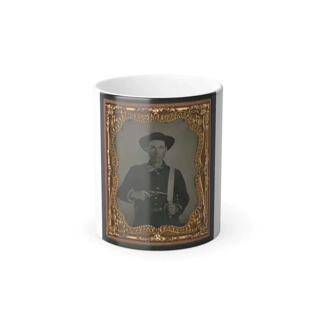 Unidentified Soldier in Confederate Uniform and Round Hat With Baby Colt Dragoon Revolver and D-Guard Bowie Knife (U.S. Civil War) Color Changing Coffee Mug 11oz - Go Mug Yourself