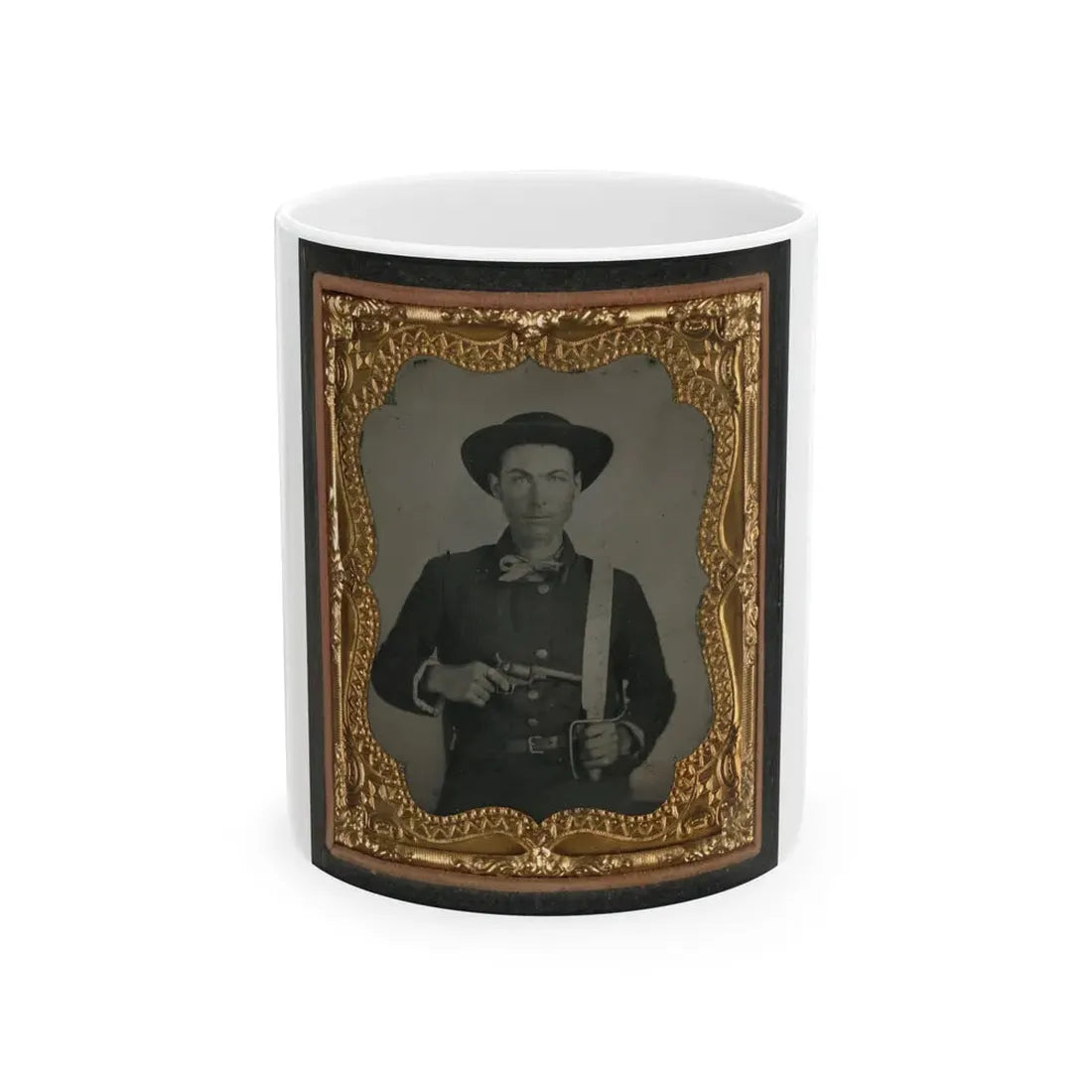 Unidentified Soldier In Confederate Uniform And Round Hat With Baby Colt Dragoon Revolver And D-Guard Bowie Knife (U.S. Civil War) White Coffee Mug 11oz - Go Mug Yourself
